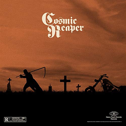 Vinyl album cover: silhouette of a reaper with a motorcycle and crosses.