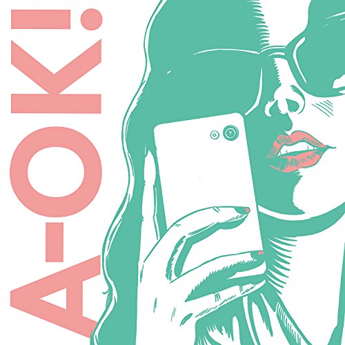 Teal woman's face and hand holding white cellphone with pink lips and text.