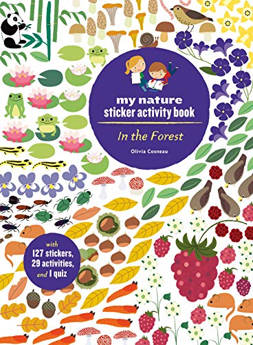 Colorful sticker activity book cover depicting forest animals and plants.