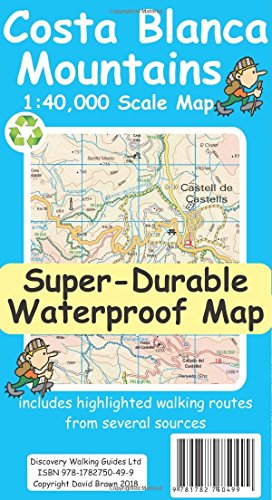 Map of Costa Blanca Mountains with walking routes on waterproof material, blue background.