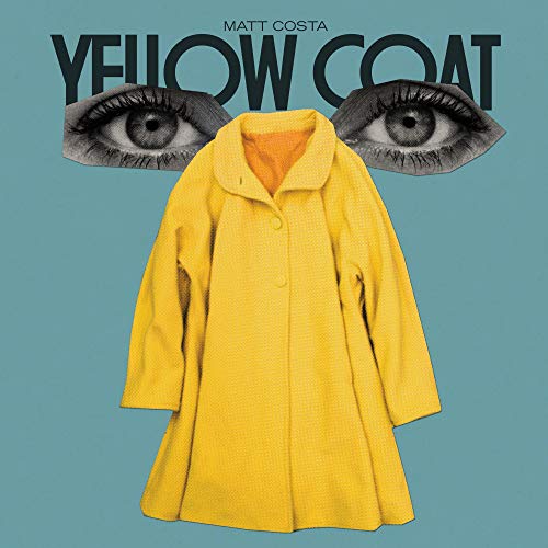 A yellow coat on a blue background with a pair of eyes above it.