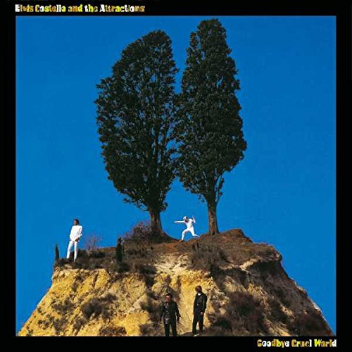 "Album cover with three men on a cliff, two trees, and blue sky."