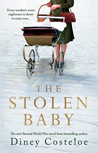 Book cover: woman with vintage pram, title “The Stolen Baby”.