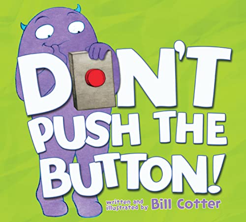 Purple monster covering a red button on a bright green background.