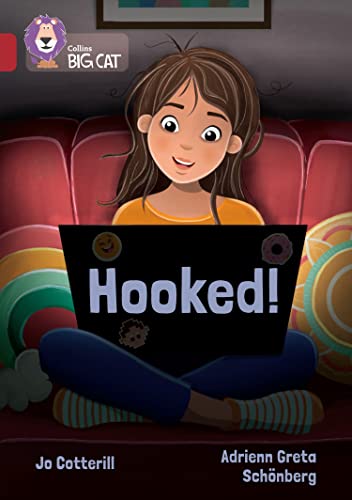 Girl with laptop sitting on a red sofa, book cover illustration.