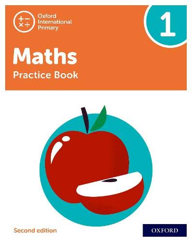 Orange and teal primary maths practice book with an apple illustration.