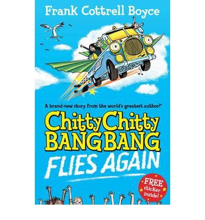 Book cover: flying car "Chitty Chitty Bang Bang" with illustrated figures.