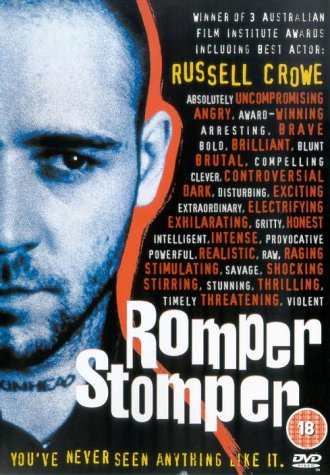Movie poster for "Romper Stomper" featuring Russell Crowe’s face.