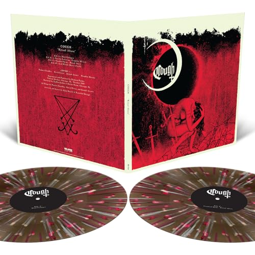 Vinyl record gatefold sleeve with red and black artwork and two speckled vinyl discs.