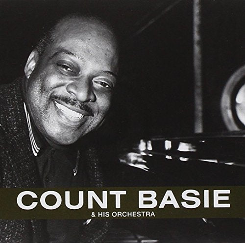 Black and white portrait of Count Basie with piano and album title.
