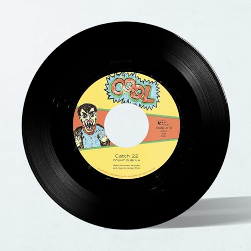 Black vinyl record with a yellow label featuring a vampire illustration.