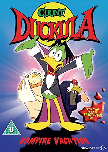 Count Duckula, Nanny, and Igor on the Vampire Vacation DVD cover against blue background.