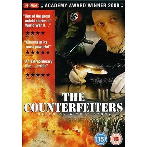 DVD cover for "The Counterfeiters" depicting a man and Nazi imagery.