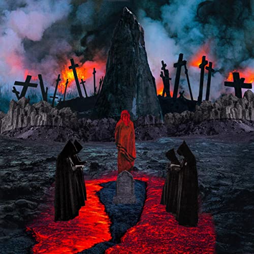 Dark landscape with hooded figures, a central tombstone, and fiery crosses.