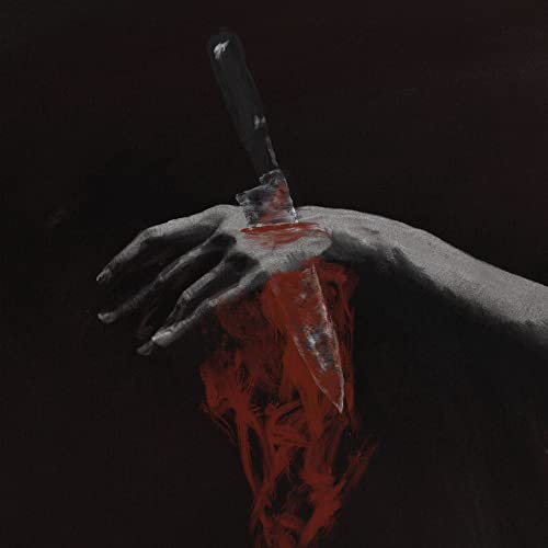 CD cover: a hand holding a bloody knife, dark and graphic.