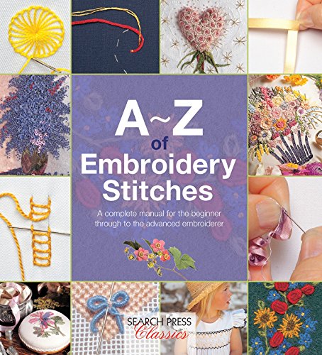 "Book cover with embroidery images and title 'A-Z of Embroidery Stitches' on blue background."