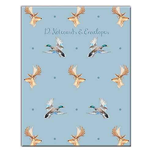 Blue notecard wallet with repeating watercolor duck and pheasant illustrations.