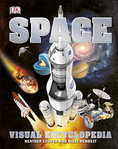 Book cover: “Space Visual Encyclopedia” with rockets, planets, and a rover.