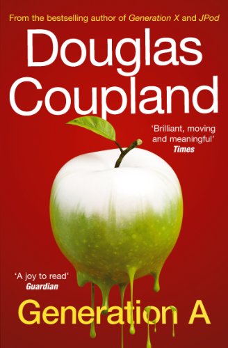Book cover: red background, dripping green apple, title “Generation A” by Douglas Coupland.