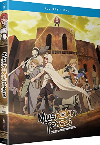 Blu-ray case for “Mushoku Tensei” anime, featuring characters in a fantasy landscape.