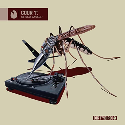 Album cover: a robotic mosquito on a turntable, beige background.