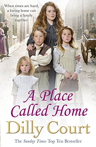 A woman and three children in historical clothing stand on a cobblestone street.