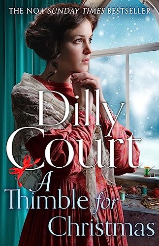 Book cover: woman in red dress looking out a snowy window.