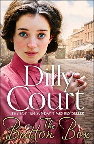 Book cover: young woman in red, historical street scene, title "The Button Box".
