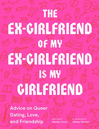 Book cover with white text on a pink background featuring various line-art doodles.