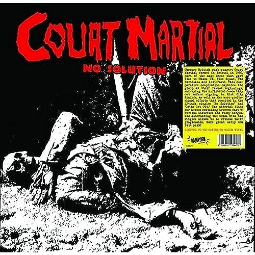 Vinyl record cover: "Court Martial - No Solution" with stark, graphic imagery.