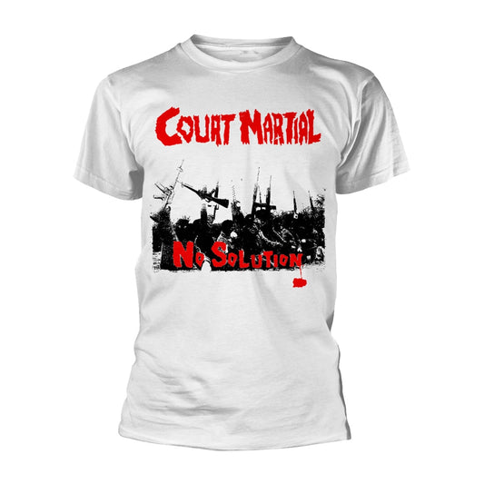 White t-shirt with "COURT MARTIAL - NO SOLUTION" graphic in red and black.