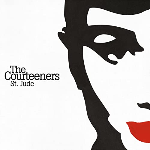 The Courteeners' "St. Jude" CD cover: black and white face with red lips.