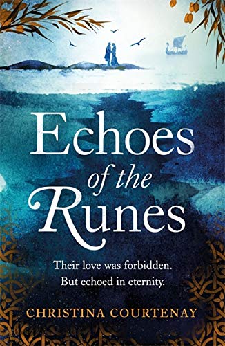 Book cover: couple on a shore, stormy sea, and Viking ship.