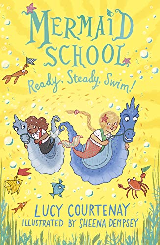Book cover: two mermaid children riding seahorses underwater.