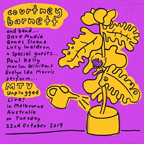 A purple album cover featuring a yellow cartoon plant and black handwritten-style text.
