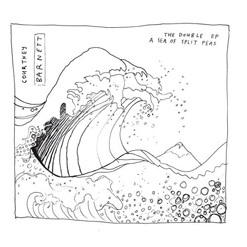 "Black and white album cover featuring a wave illustration with text."