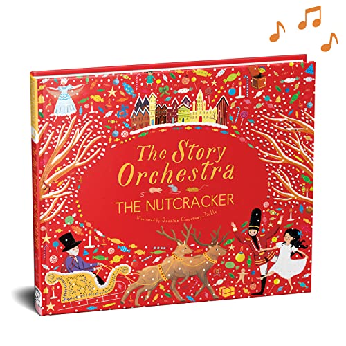 The Story Orchestra The Nutcracker book cover with festive red background and musical notes.