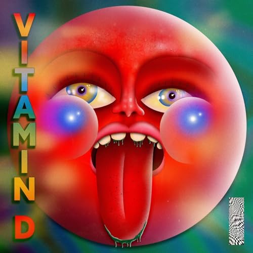 Red face with wide open mouth and eyes, colorful vinyl record cover.