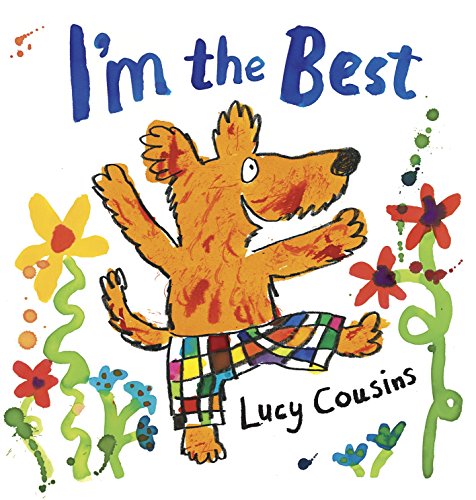 Illustration of an orange dog with arms raised, surrounded by colorful flowers.