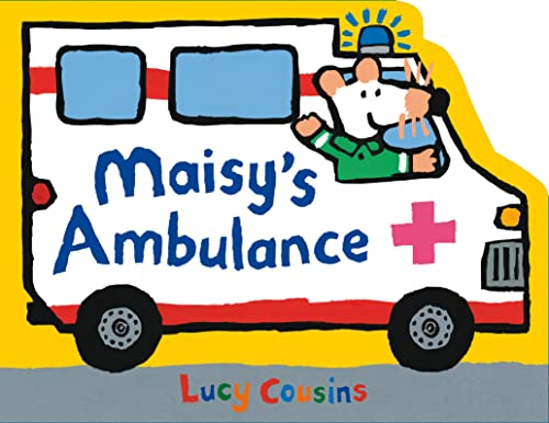 Maisy the mouse driving a white ambulance with a red cross.