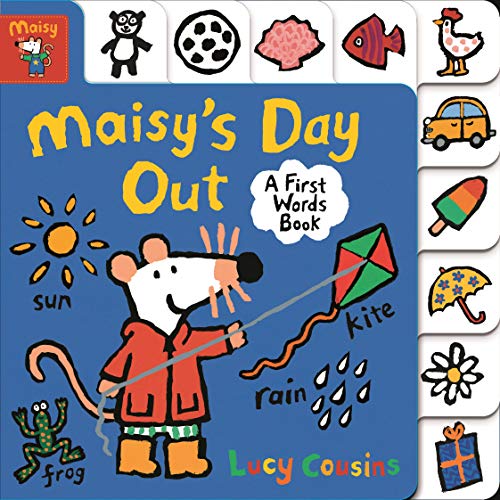 Maisy the mouse flies a kite with sun, rain, and other objects.
