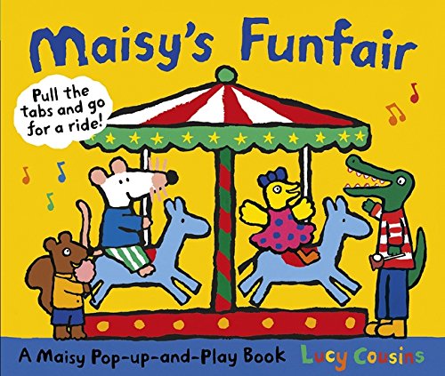 Maisy and friends ride a colorful pop-up carousel at a funfair.