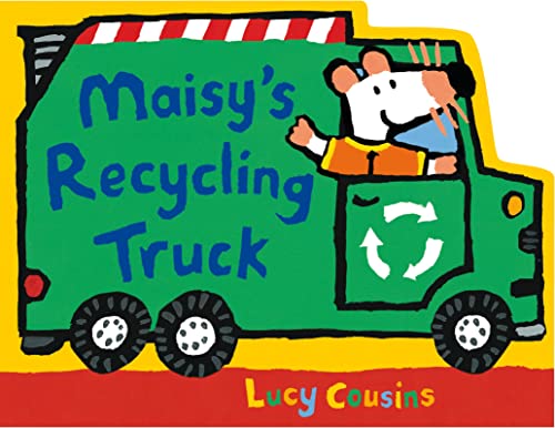 Green recycling truck with Maisy Mouse driving, illustrated children’s book cover.