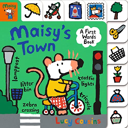 Maisy's Town" book cover with a mouse, traffic lights, and town objects.