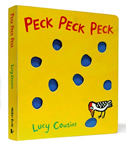 Yellow board book cover with blue holes and a pecking bird.