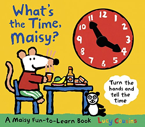 Maisy the mouse with a clock, learning to tell time.