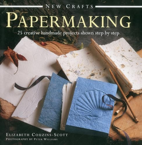 Book cover titled New Crafts: Papermaking featuring handmade paper projects, a shell-embossed book, and tools.