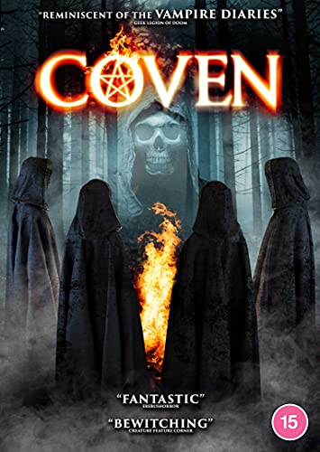 DVD cover for "Coven" featuring hooded figures and a fiery skull.