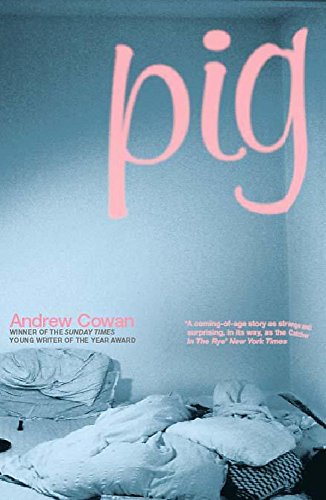 Book cover with pink title "pig" over a blurry bedroom scene.