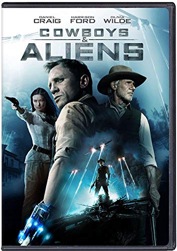 Cowboys & Aliens" DVD cover featuring Daniel Craig, Harrison Ford, and Olivia Wilde.